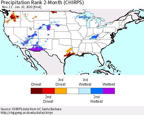 United States Precipitation Rank 2-Month (CHIRPS) Thematic Map For 11/11/2019 - 1/10/2020