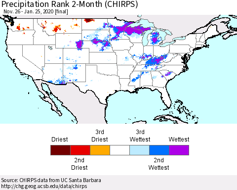 United States Precipitation Rank 2-Month (CHIRPS) Thematic Map For 11/26/2019 - 1/25/2020