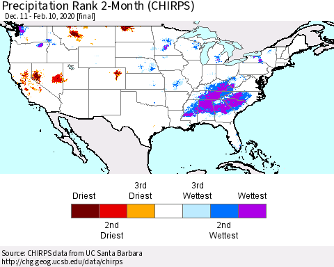 United States Precipitation Rank 2-Month (CHIRPS) Thematic Map For 12/11/2019 - 2/10/2020