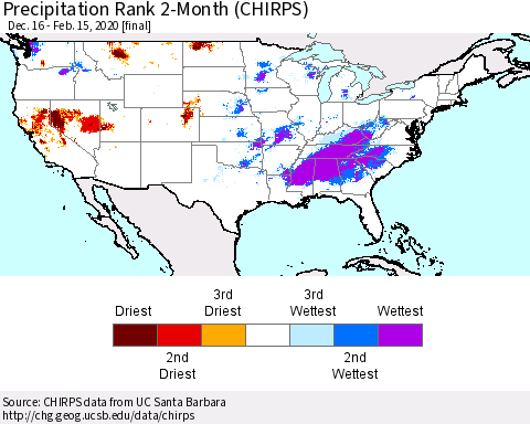 United States Precipitation Rank since 1981, 2-Month (CHIRPS) Thematic Map For 12/16/2019 - 2/15/2020