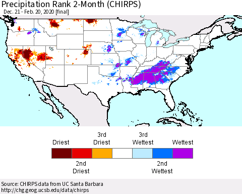 United States Precipitation Rank 2-Month (CHIRPS) Thematic Map For 12/21/2019 - 2/20/2020