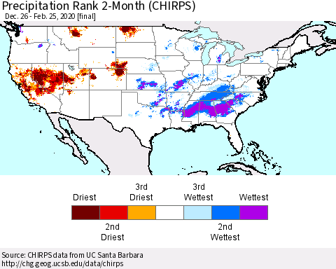 United States Precipitation Rank 2-Month (CHIRPS) Thematic Map For 12/26/2019 - 2/25/2020