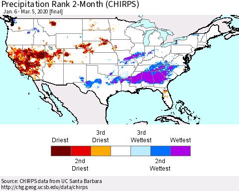 United States Precipitation Rank 2-Month (CHIRPS) Thematic Map For 1/6/2020 - 3/5/2020