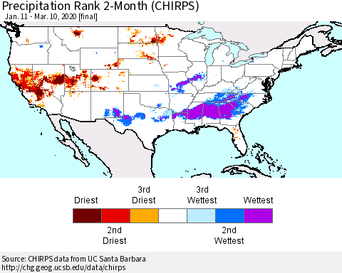 United States Precipitation Rank since 1981, 2-Month (CHIRPS) Thematic Map For 1/11/2020 - 3/10/2020
