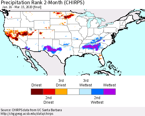 United States Precipitation Rank 2-Month (CHIRPS) Thematic Map For 1/16/2020 - 3/15/2020