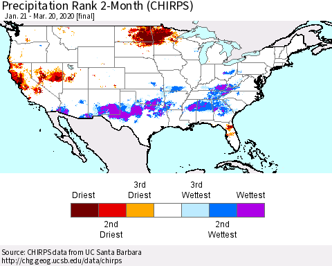 United States Precipitation Rank 2-Month (CHIRPS) Thematic Map For 1/21/2020 - 3/20/2020