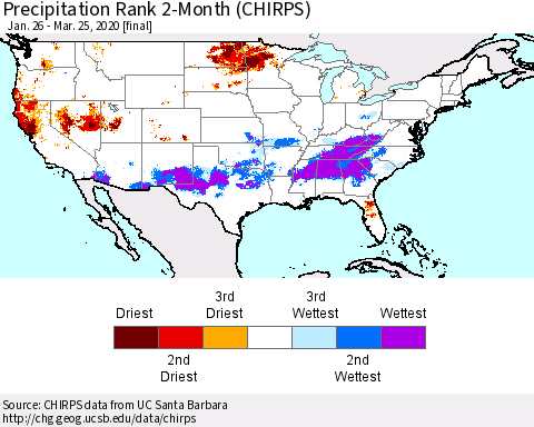 United States Precipitation Rank 2-Month (CHIRPS) Thematic Map For 1/26/2020 - 3/25/2020