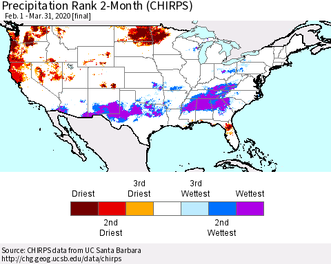 United States Precipitation Rank 2-Month (CHIRPS) Thematic Map For 2/1/2020 - 3/31/2020