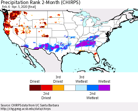 United States Precipitation Rank 2-Month (CHIRPS) Thematic Map For 2/6/2020 - 4/5/2020