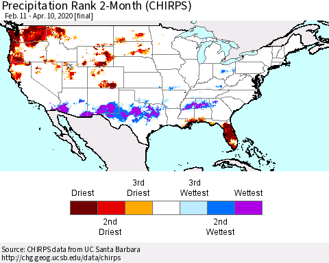 United States Precipitation Rank 2-Month (CHIRPS) Thematic Map For 2/11/2020 - 4/10/2020