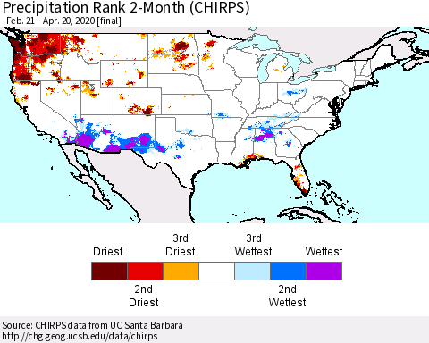 United States Precipitation Rank 2-Month (CHIRPS) Thematic Map For 2/21/2020 - 4/20/2020