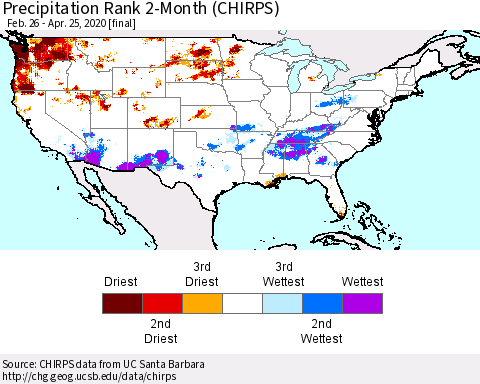 United States Precipitation Rank 2-Month (CHIRPS) Thematic Map For 2/26/2020 - 4/25/2020