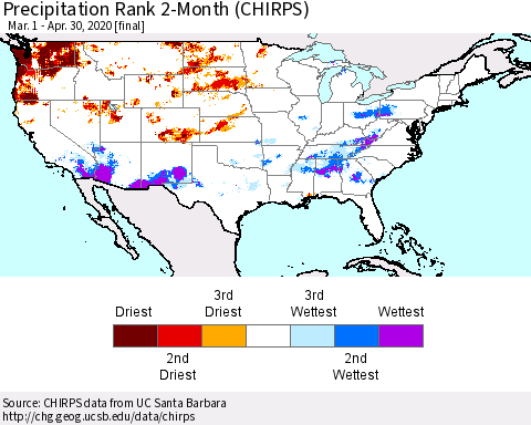 United States Precipitation Rank since 1981, 2-Month (CHIRPS) Thematic Map For 3/1/2020 - 4/30/2020