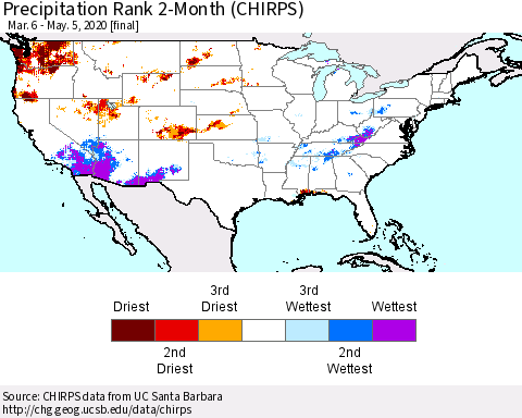 United States Precipitation Rank 2-Month (CHIRPS) Thematic Map For 3/6/2020 - 5/5/2020