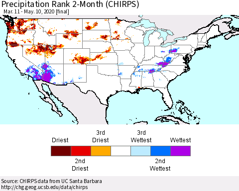 United States Precipitation Rank 2-Month (CHIRPS) Thematic Map For 3/11/2020 - 5/10/2020