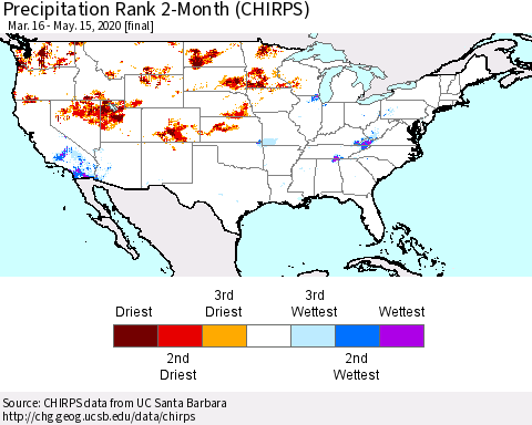 United States Precipitation Rank since 1981, 2-Month (CHIRPS) Thematic Map For 3/16/2020 - 5/15/2020