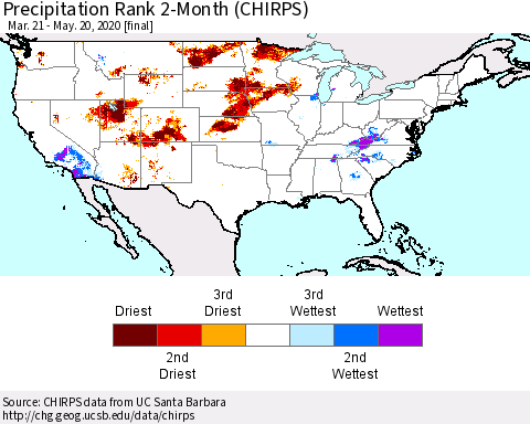 United States Precipitation Rank since 1981, 2-Month (CHIRPS) Thematic Map For 3/21/2020 - 5/20/2020