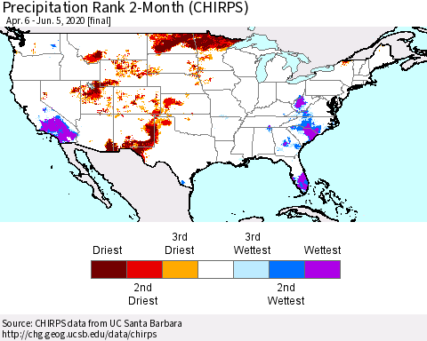 United States Precipitation Rank since 1981, 2-Month (CHIRPS) Thematic Map For 4/6/2020 - 6/5/2020