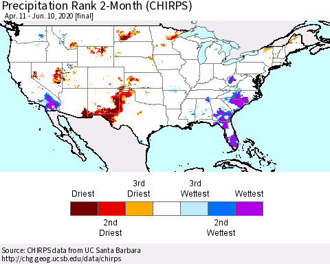 United States Precipitation Rank since 1981, 2-Month (CHIRPS) Thematic Map For 4/11/2020 - 6/10/2020