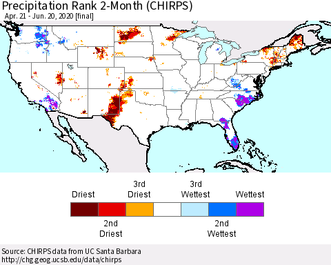 United States Precipitation Rank since 1981, 2-Month (CHIRPS) Thematic Map For 4/21/2020 - 6/20/2020