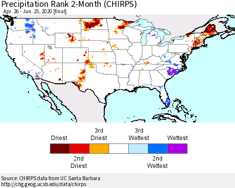 United States Precipitation Rank since 1981, 2-Month (CHIRPS) Thematic Map For 4/26/2020 - 6/25/2020