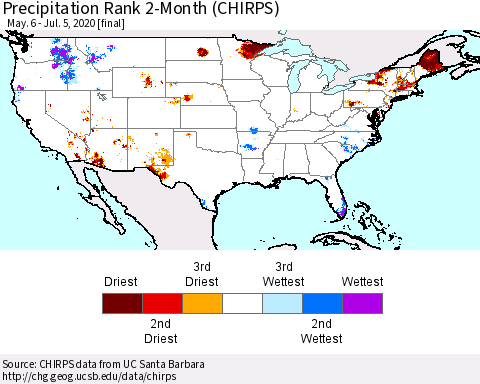 United States Precipitation Rank since 1981, 2-Month (CHIRPS) Thematic Map For 5/6/2020 - 7/5/2020