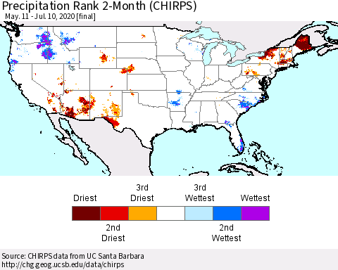 United States Precipitation Rank since 1981, 2-Month (CHIRPS) Thematic Map For 5/11/2020 - 7/10/2020