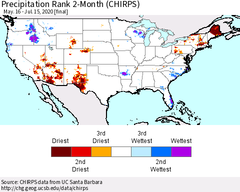 United States Precipitation Rank since 1981, 2-Month (CHIRPS) Thematic Map For 5/16/2020 - 7/15/2020