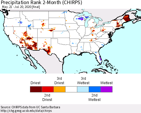 United States Precipitation Rank 2-Month (CHIRPS) Thematic Map For 5/21/2020 - 7/20/2020