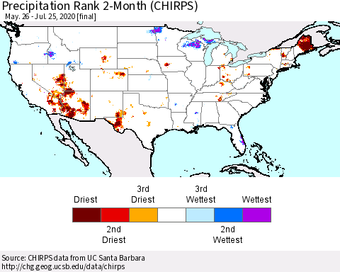 United States Precipitation Rank 2-Month (CHIRPS) Thematic Map For 5/26/2020 - 7/25/2020