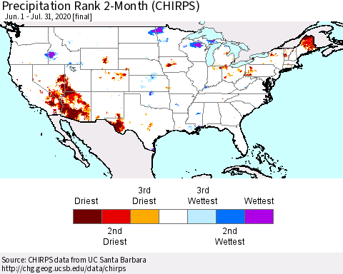 United States Precipitation Rank since 1981, 2-Month (CHIRPS) Thematic Map For 6/1/2020 - 7/31/2020
