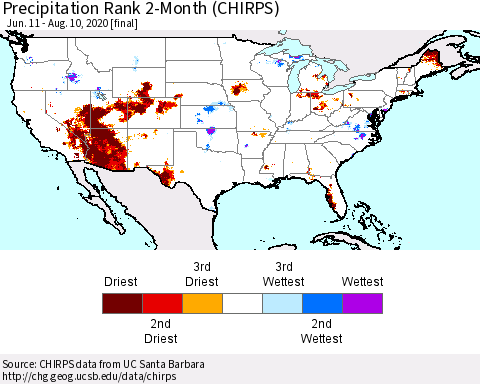 United States Precipitation Rank since 1981, 2-Month (CHIRPS) Thematic Map For 6/11/2020 - 8/10/2020