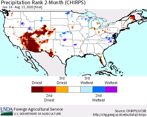 United States Precipitation Rank 2-Month (CHIRPS) Thematic Map For 6/16/2020 - 8/15/2020