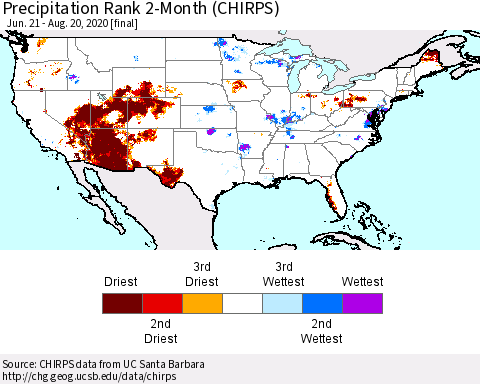 United States Precipitation Rank 2-Month (CHIRPS) Thematic Map For 6/21/2020 - 8/20/2020
