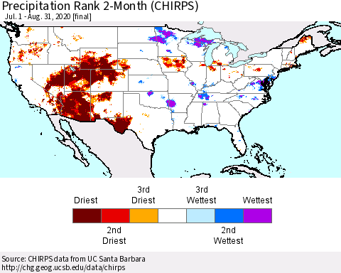 United States Precipitation Rank since 1981, 2-Month (CHIRPS) Thematic Map For 7/1/2020 - 8/31/2020