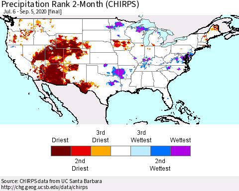 United States Precipitation Rank since 1981, 2-Month (CHIRPS) Thematic Map For 7/6/2020 - 9/5/2020