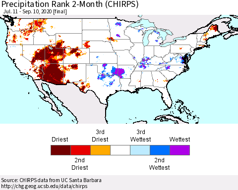 United States Precipitation Rank since 1981, 2-Month (CHIRPS) Thematic Map For 7/11/2020 - 9/10/2020