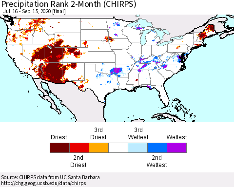 United States Precipitation Rank since 1981, 2-Month (CHIRPS) Thematic Map For 7/16/2020 - 9/15/2020