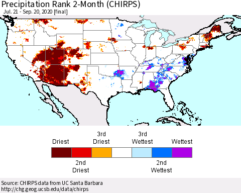 United States Precipitation Rank since 1981, 2-Month (CHIRPS) Thematic Map For 7/21/2020 - 9/20/2020