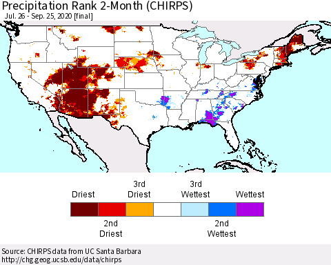 United States Precipitation Rank 2-Month (CHIRPS) Thematic Map For 7/26/2020 - 9/25/2020