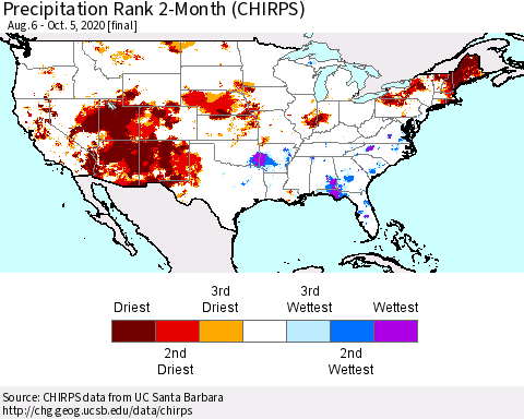 United States Precipitation Rank since 1981, 2-Month (CHIRPS) Thematic Map For 8/6/2020 - 10/5/2020