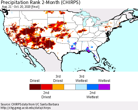 United States Precipitation Rank since 1981, 2-Month (CHIRPS) Thematic Map For 8/21/2020 - 10/20/2020