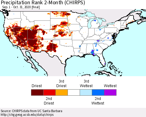United States Precipitation Rank since 1981, 2-Month (CHIRPS) Thematic Map For 9/1/2020 - 10/31/2020