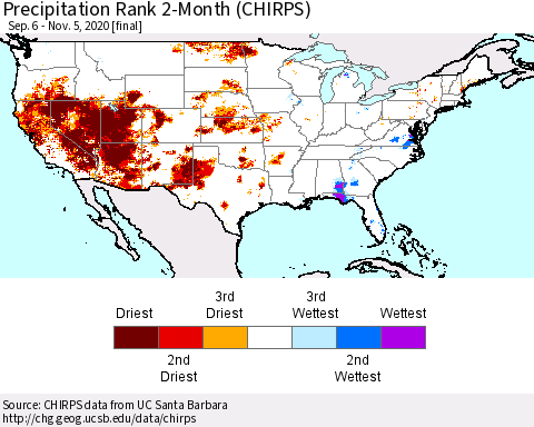 United States Precipitation Rank since 1981, 2-Month (CHIRPS) Thematic Map For 9/6/2020 - 11/5/2020