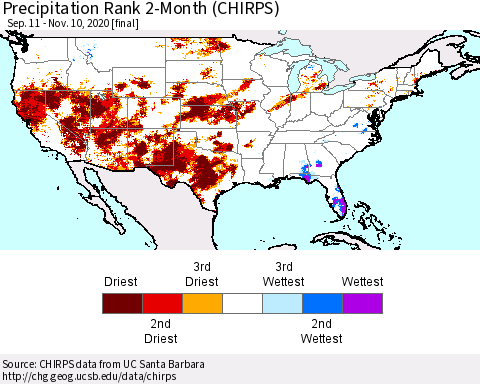 United States Precipitation Rank since 1981, 2-Month (CHIRPS) Thematic Map For 9/11/2020 - 11/10/2020