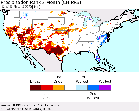 United States Precipitation Rank since 1981, 2-Month (CHIRPS) Thematic Map For 9/16/2020 - 11/15/2020