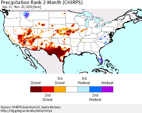 United States Precipitation Rank 2-Month (CHIRPS) Thematic Map For 9/21/2020 - 11/20/2020