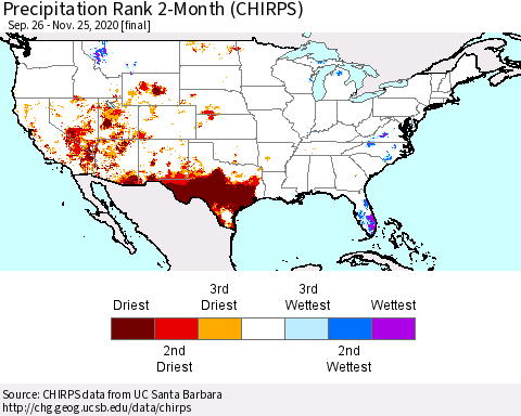 United States Precipitation Rank since 1981, 2-Month (CHIRPS) Thematic Map For 9/26/2020 - 11/25/2020