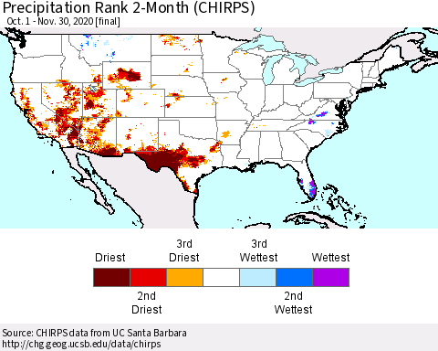 United States Precipitation Rank since 1981, 2-Month (CHIRPS) Thematic Map For 10/1/2020 - 11/30/2020