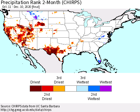 United States Precipitation Rank since 1981, 2-Month (CHIRPS) Thematic Map For 10/11/2020 - 12/10/2020